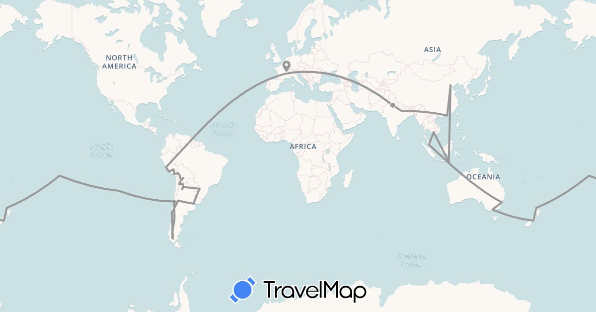 TravelMap itinerary: driving, plane in Argentina, Australia, Bolivia, Chile, China, France, Hong Kong, Indonesia, India, Cambodia, Malaysia, New Zealand, Peru, French Polynesia (Asia, Europe, Oceania, South America)